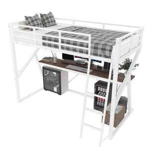 Modfu VYVÝŠENÁ posteľ z kovu a MDF 90x200 cm biela s LED osvetlením, písacím stolom a schodíkmi vyobraziť