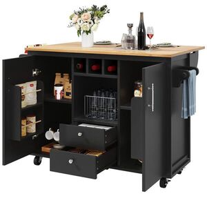 Modfu KUCHYNSKÝ ostrovček z MDF a kovu 137, 9x73x92, 2 cm čierny so sklápacou doskou, policou na víno a 5 kolieskami vyobraziť