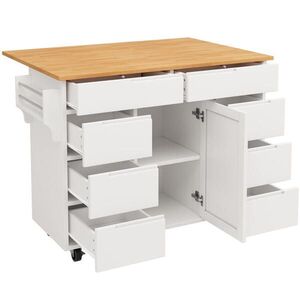 Modfu KUCHYNSKÝ ostrovček z MDF 122x74, 5x91, 5 cm biely rozkladací, na kolieskach s 8 zásuvkami a nastaviteľnou policou vyobraziť