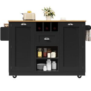 Modfu KUCHYNSKÝ vozík z MDF 140x40x93, 5 cm čierny so sklápacou doskou, stojanom na víno a kolieskami vyobraziť