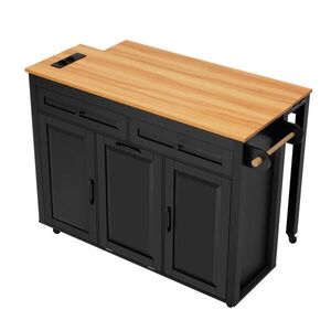 Modfu KUCHYNSKÝ ostrovček z MDF 120x75x92 cm čierny na kolieskach s výsuvnou doskou, zásuvkami a priehradkou na odpad vyobraziť