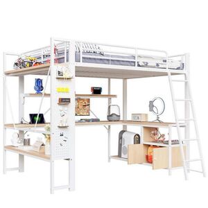 Modfu VYVÝŠENÁ posteľ z kovu a MDF 140x200 cm biela s LED osvetlením, pracovným stolom, úložným priestorom a USB portmi vyobraziť