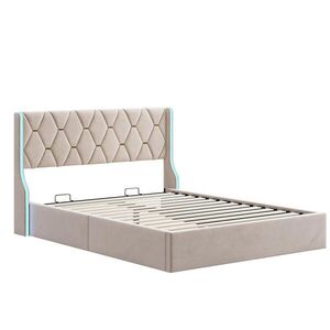 ČALÚNENÁ posteľ 160x200 cm, hydraulický boxspring s úložným boxom a LED osvetlením, béžová vyobraziť