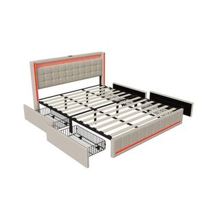 ČALÚNENÁ posteľ 180x200 cm s LED, USB, 4 zásuvkami a čelom s krídlami, béžová vyobraziť