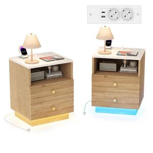 NOČNÝ stolík 2-dielna sada so zásuvkou, LED, príručný stolík, drevený, 2 zásuvky, USB vyobraziť