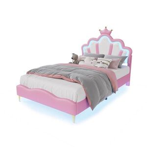 EuroLiving ČALÚNENÁ posteľ 140x190 cm s LED osvetlením, korunou a PU poťahom, ružová vyobraziť