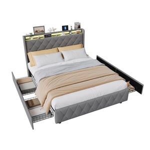 EuroLiving ČALÚNENÁ posteľ 160x200 cm so 4 zásuvkami, LED, USB a Type-C, čelo pre manželskú posteľ a lamelový rošt, sivá vyobraziť