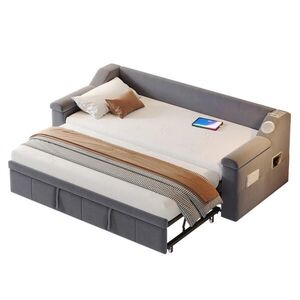 OKWISH ROZKLADACIA pohovka 90/180x190 cm sivá zamatová s Bluetooth stereo, USB portmi a úložnými priestormi vyobraziť