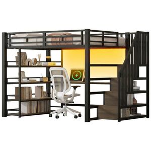 STILVORA VYSOKÁ POSTEĽ 140/200 cm čierna so schodmi, stolom, regálom, LED a USB vyobraziť