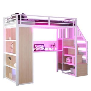 STILVORA VYSOKÁ POSTEĽ 90/200 cm biela s úložnými schodmi, skriňou, stolom a LED vyobraziť