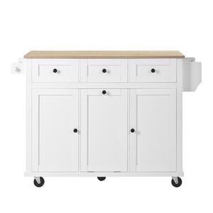 Modfu KUCHYNSKÝ ostrovček z MDF 112x76, 2x92, 7 cm biely s prírodnými detailmi, kolieskami, výsuvnou doskou a priehradkou na odpad vyobraziť