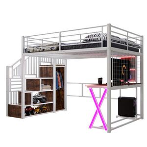 Modfu VYVÝŠENÁ posteľ z kovu a MDF 140x200 cm biela s LED osvetlením, stolom, skriňou a úložným rebríkom vyobraziť