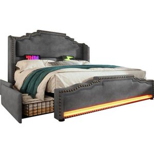 Redom ČALÚNENÁ posteľ 160/200 cm s LED osvetlením, USB/Type-C nabíjaním a 4 zásuvkami, vrátane matraca, Sivá vyobraziť