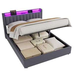Modfu ČALÚNENÁ posteľ 160/200cm tmavosivá zo zamatu, kovu a dreva s LED svetlom, USB konektorom a úložným priestorom vyobraziť