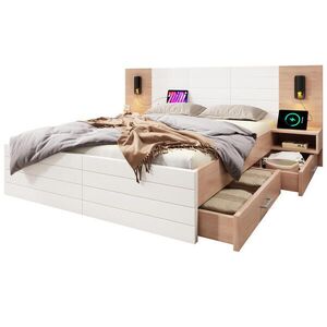 OKWISH POSTEĽ 160/200 cm biela/svetlý dub s matracom, USB a lampou z masívneho dreva a MDF vyobraziť