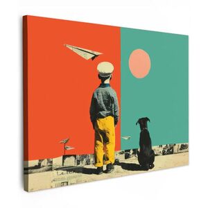 MuchoWow OBRAZ NA PLÁTNE Retro - chlapec - pes - červená - zelená 80x60 cm vyobraziť