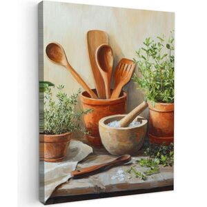MuchoWow OBRAZ NA PLÁTNE Hrnce - Bylinky - Drevo 60x80 cm vyobraziť