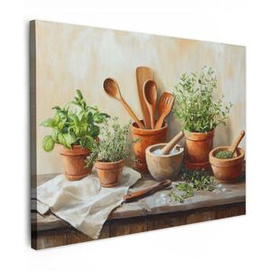 MuchoWow OBRAZ NA PLÁTNE Hrnce - Bylinky - Drevo 80x60 cm vyobraziť