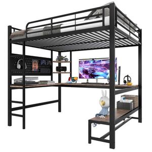 Modenvie VYVÝŠENÁ posteľ 140/200 cm z kovu a MDF čierna, s písacím stolom, LED a USB-C vyobraziť