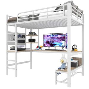 Modenvie VYVÝŠENÁ posteľ 90/200 cm z kovu a MDF biela, s písacím stolom, LED a USB-C vyobraziť