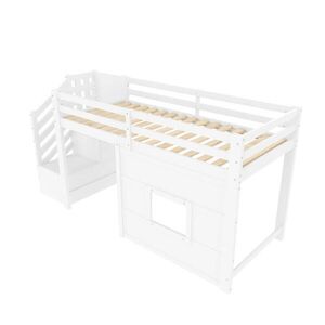 Modenvie VYVÝŠENÁ posteľ 90/200 cm z borovice a MDF biela, so schodmi, úložným priestorom a LED vyobraziť