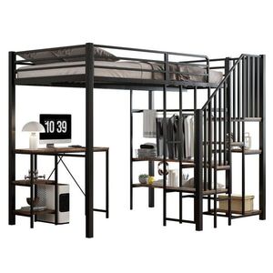 Modenvie VYVÝŠENÁ posteľ z kovu a MDF, 120/200 cm, čierna, s písacím stolom a otvoreným šatníkom vyobraziť