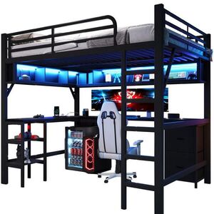 Modenvie VYVÝŠENÁ posteľ 140/200 cm z kovu a MDF čierna s písacím stolom, LED a USB vyobraziť