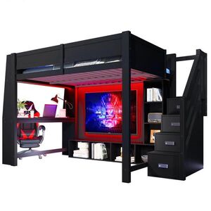 Modenvie VYVÝŠENÁ posteľ 140/200 cm z MDF a preglejky čierna, s písacím stolom a LED osvetlením vyobraziť