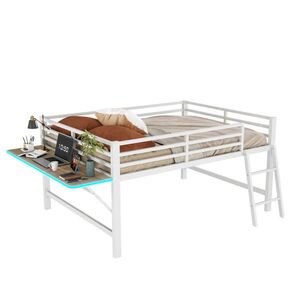 OKWISH VYSOKÁ posteľ 140/200 cm biela z kovu s bočnicami rebríkom skladacím stolom a LED osvetlením vyobraziť