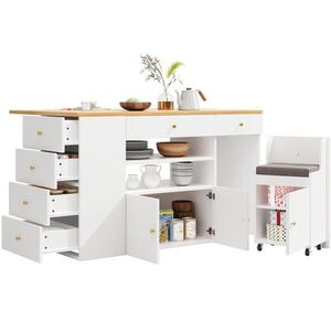 OKWISH KUCHYNSKÝ ostrovček 140/40(70)/89 cm biely z MDF a kovu so 6 zásuvkami a taburetom vyobraziť