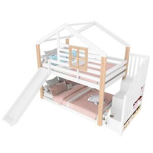 STILVORA POSCHODOVÁ POSTEĽ 90/200+90/200 cm biela/prírodná so šmykľavkou, schodmi a úložným priestorom, domček vyobraziť