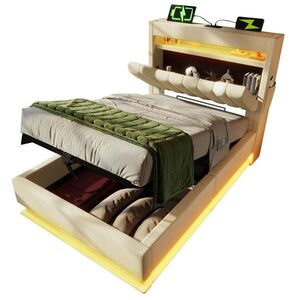 STILVORA ČALÚNENÁ POSTEĽ 90 × 200 cm, béžová, ľanová, s úložným priestorom, LED, USB, USB-C a úložným čelom vyobraziť