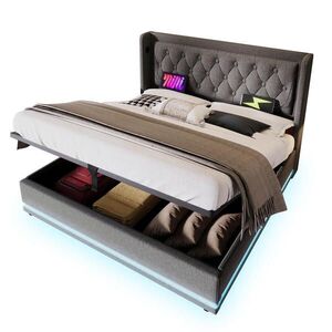 STILVORA ČALÚNENÁ POSTEĽ 140 × 200 cm, sivá, úložný box, LED, USB, Type-C, látka, čelo s bočnými krídlami vyobraziť
