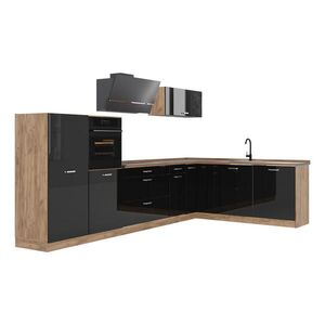 Vicco ROHOVÁ KUCHYŇA R-Line, Čierny vysoký lesk/Dub Goldkraft, 347 x cm bez pracovnej dosky vyobraziť