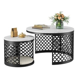 Flora Grace KONFERENČNÝ stolík 2-dielna sada Nesting stolíky ⌀70/45 cm + ⌀45/35 cm – kontrastný dizajn v bielej a čiernej farbe vyobraziť