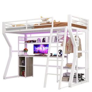 Modenvie VYVÝŠENÁ posteľ 90/200 cm z kovu a MDF biela, s písacím stolom a LED osvetlením vyobraziť