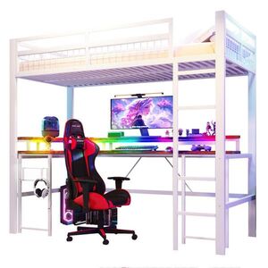Modenvie VYVÝŠENÁ posteľ 90/200 cm z kovu a MDF biela, s písacím stolom a LED osvetlením vyobraziť