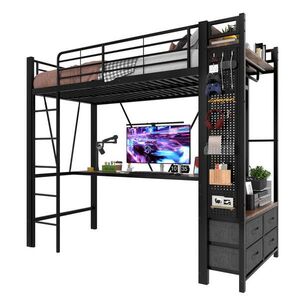 Modenvie VYVÝŠENÁ posteľ 90/200 cm z kovu a MDF v čiernej farbe, s písacím stolom a LED osvetlením vyobraziť