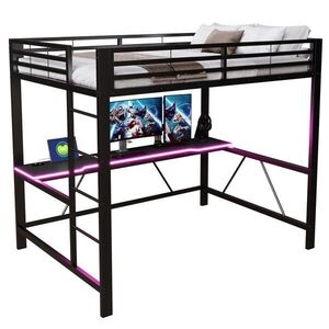 Modenvie VYVÝŠENÁ posteľ 140/200 cm z kovu a MDF, čierna, s LED osvetlením a písacím stolom vyobraziť