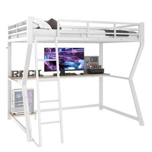 Modenvie VYVÝŠENÁ posteľ 90/200 cm kovová biela s LED osvetlením, písacím stolom a USB vyobraziť