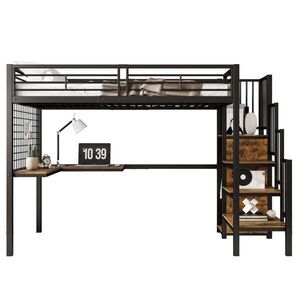 Modenvie VYVÝŠENÁ posteľ z kovu a MDF, 90/200 cm, čierna/tmavý orech so stolom a skriňou vyobraziť