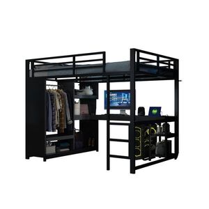 Modenvie VYVÝŠENÁ posteľ 140/200 cm z kovu a MDF čierna s LED, stolom a otvorenou skriňou vyobraziť