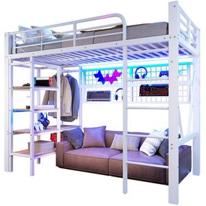 Modenvie VYVÝŠENÁ posteľ 90/200 cm z kovu a MDF, biela, s písacím stolom, LED a USB vyobraziť
