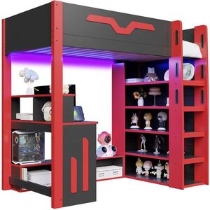 Modenvie VYVÝŠENÁ posteľ 90/200 cm z MDF a preglejky čierno-červená, s písacím stolom a LED vyobraziť