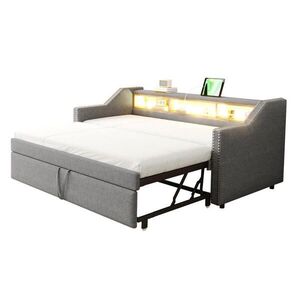 OKWISH ČALÚNENÁ posteľ 90/180 x 190 cm svetlosivá s výsuvným lôžkom LED a USB z ľanovej tkaniny vyobraziť