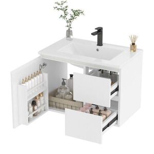 OKWISH NÁSTENNÁ kúpeľňová skrinka 76/46/50 cm biela s keramickým umývadlom a LED senzorovým osvetlením z MDF vyobraziť
