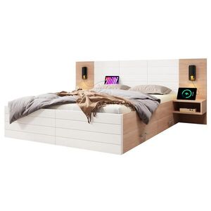 STILVORA POSTEĽNÁ ZOSTAVA 140 × 200 cm, biela a dubová, 2 zásuvky, lampa na čítanie, USB, drevo a MDF vyobraziť