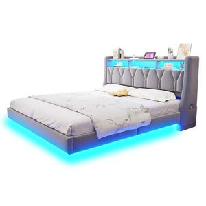 STILVORA ČALÚNENÁ POSTEĽ 180 × 200 cm, svetlosivá, LED, USB, Type-C, zásuvka, odkladacia plocha, zamat vyobraziť