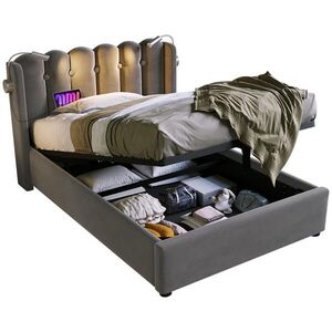 STILVORA ČALÚNENÁ POSTEĽ 90 × 200 cm, sivá, úložný box, USB, svetlo na čítanie, zamat vyobraziť