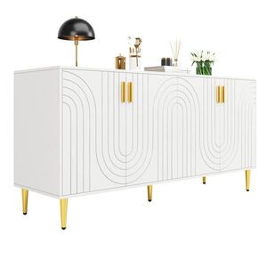 Modenvie ŠIROKÁ komoda, 152/40/75 cm, MDF biela so zlatými detailmi a vlnitými dvierkami vyobraziť
